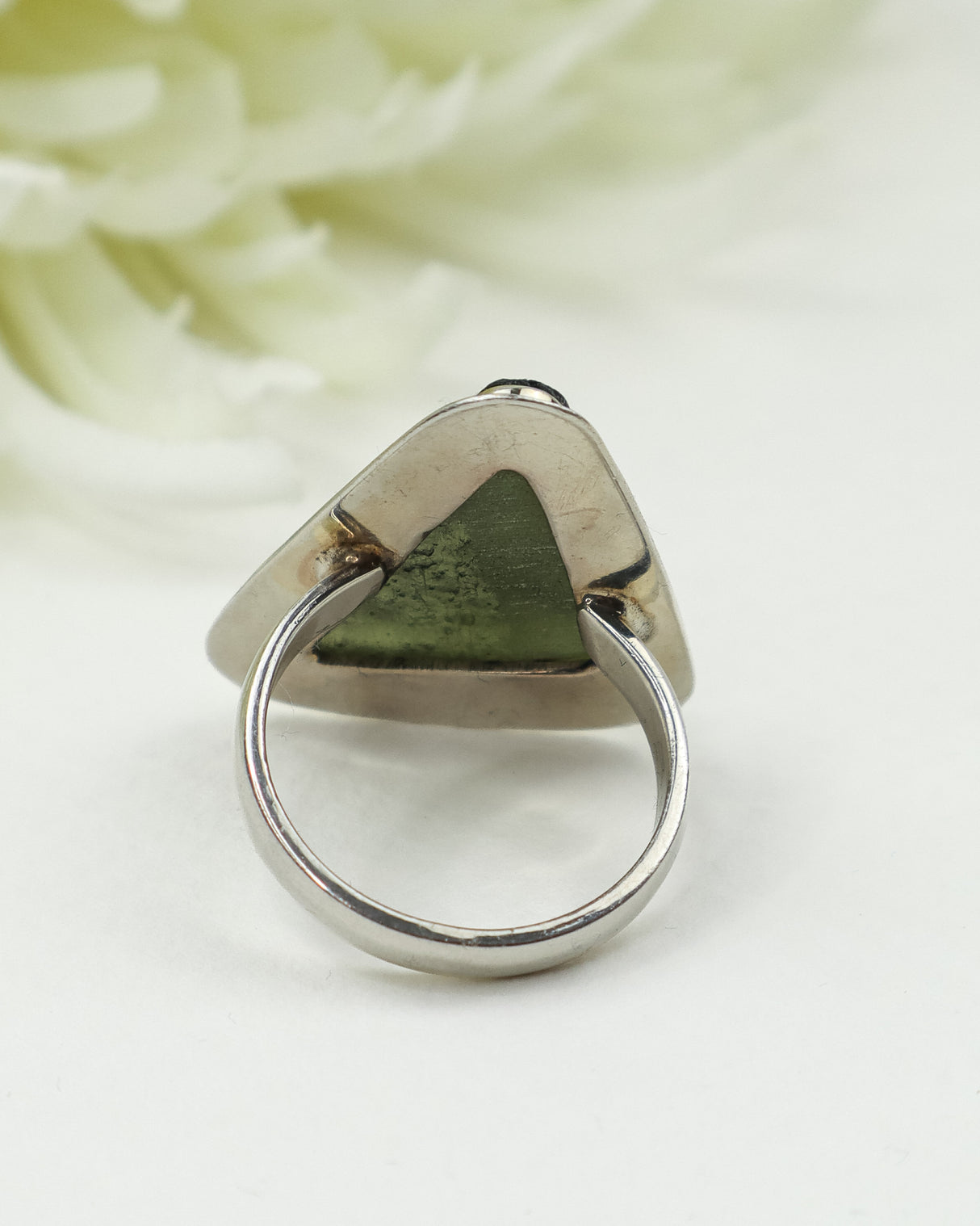 Natural Triangular Czech Moldavite Ring in Solid 925 Sterling Silver – Size 8 | 6.82g