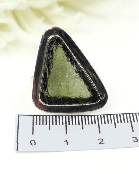 Natural Triangular Czech Moldavite Ring in Solid 925 Sterling Silver – Size 8 | 6.82g