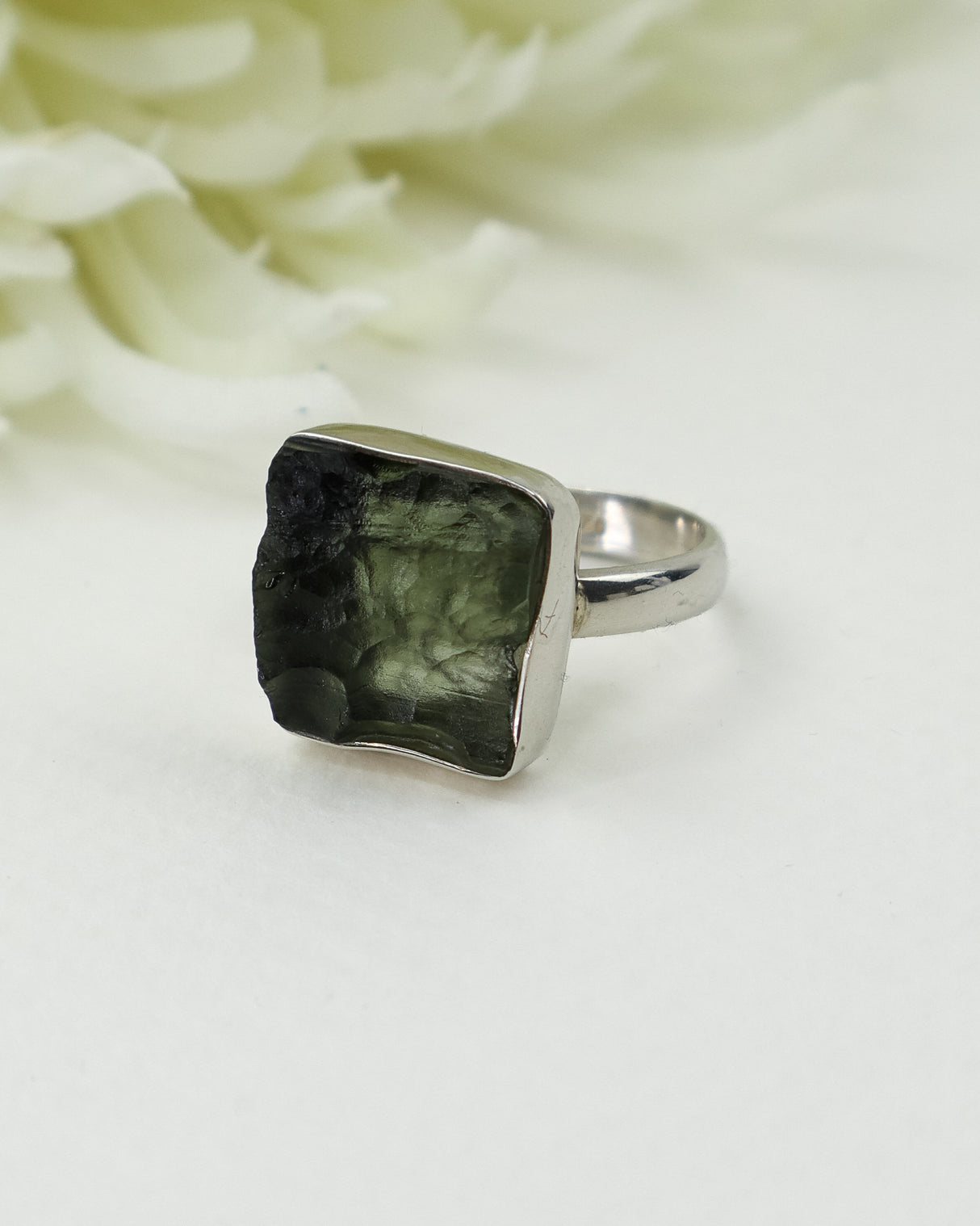 Natural translucent Czech Moldavite ring in solid 925 sterling silver featuring a genuine raw Moldavite gemstone, size 9, 4.88g.