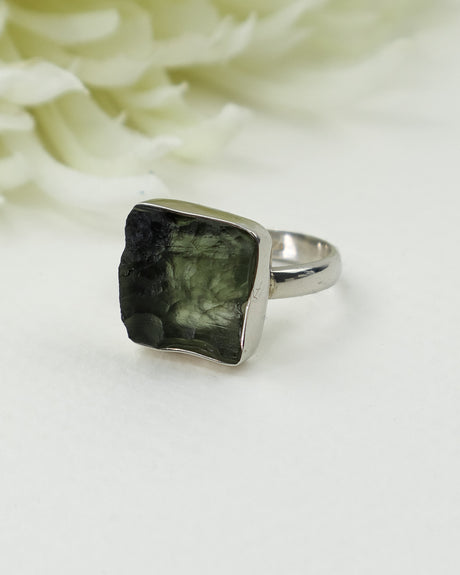 Natural translucent Czech Moldavite ring in solid 925 sterling silver featuring a genuine raw Moldavite gemstone, size 9, 4.88g.