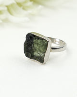 Natural Translucent Czech Moldavite Ring in Solid 925 Sterling Silver – Size 9 | 4.88g