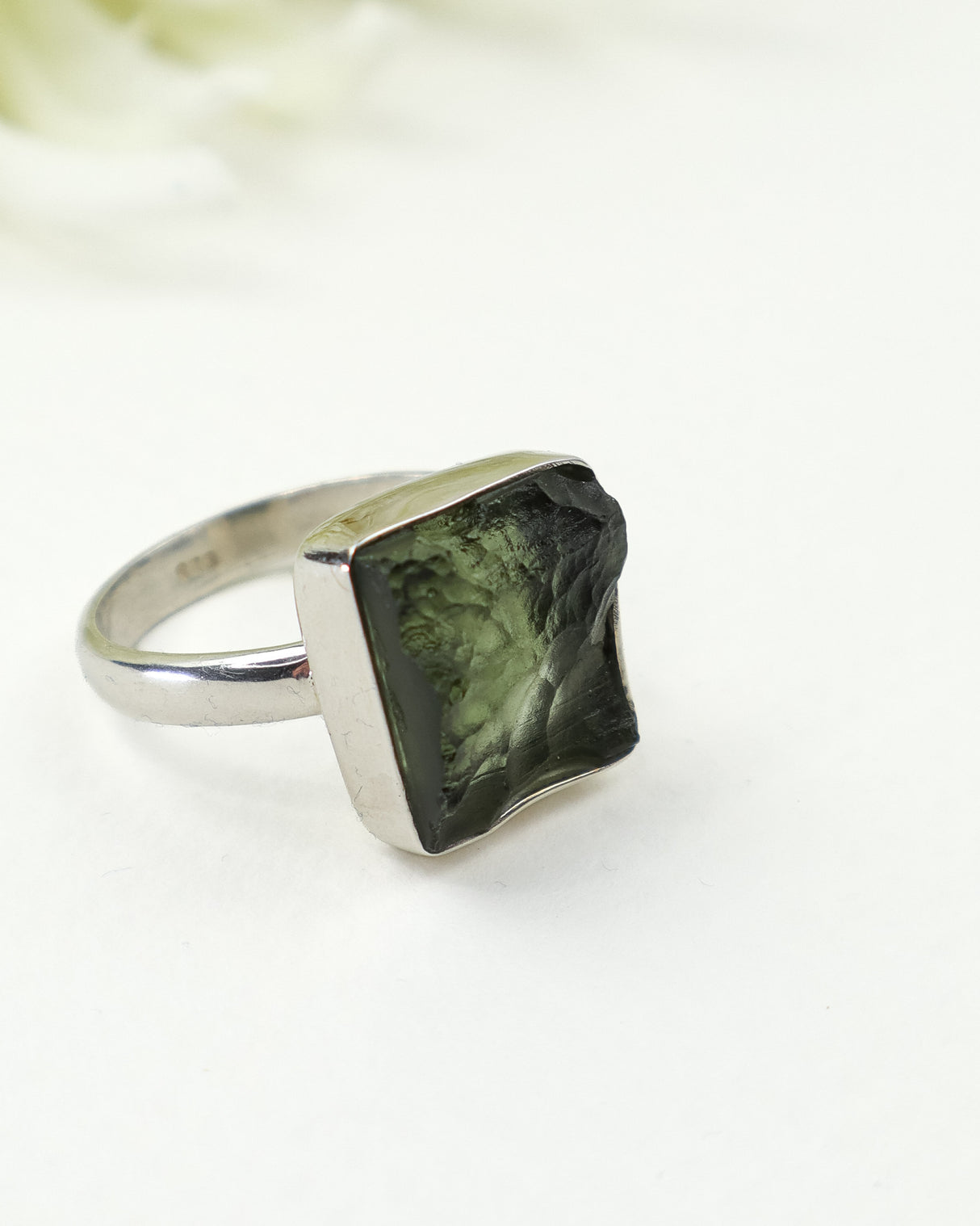 Natural Translucent Czech Moldavite Ring in Solid 925 Sterling Silver – Size 9 | 4.88g
