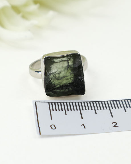 Natural Translucent Czech Moldavite Ring in Solid 925 Sterling Silver – Size 9 | 4.88g