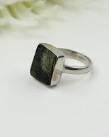 Natural square Czech Moldavite ring set in solid 925 sterling silver featuring a genuine raw Moldavite gemstone, Size 9.