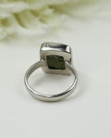 Genuine Czech Moldavite Sterling Silver Ring – Natural Square Gem | Size 9 | 4.42g