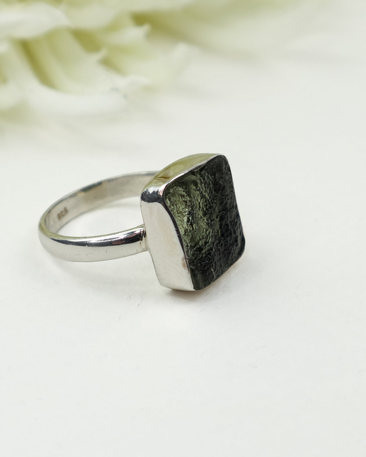 Genuine Czech Moldavite Sterling Silver Ring – Natural Square Gem | Size 9 | 4.42g