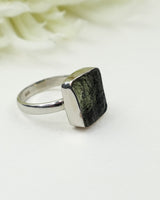 Genuine Czech Moldavite Sterling Silver Ring – Natural Square Gem | Size 9 | 4.42g