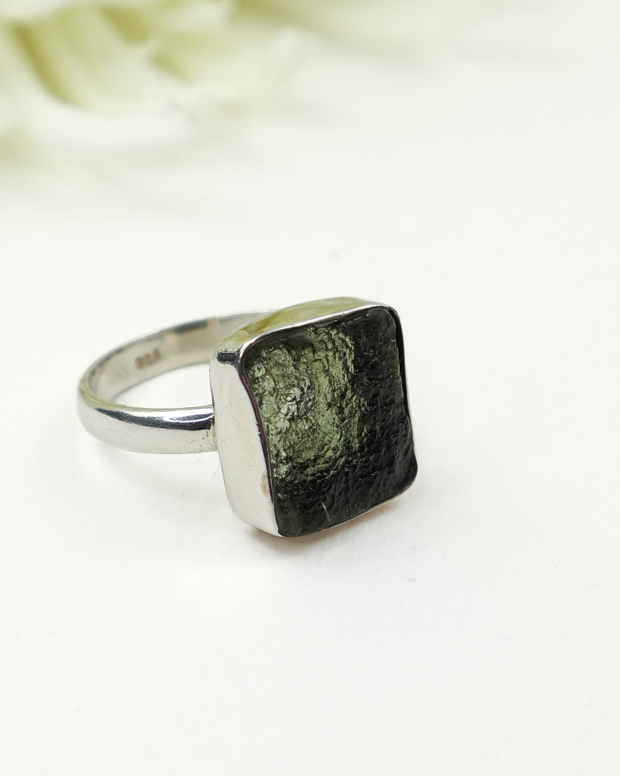 Genuine Czech Moldavite Sterling Silver Ring – Natural Square Gem | Size 9 | 4.42g