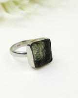 Genuine Czech Moldavite Sterling Silver Ring – Natural Square Gem | Size 9 | 4.42g