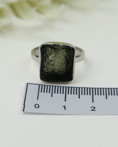 Genuine Czech Moldavite Sterling Silver Ring – Natural Square Gem | Size 9 | 4.42g