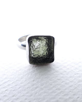 Genuine Czech Moldavite Sterling Silver Ring – Natural Square Gem | Size 9 | 4.42g