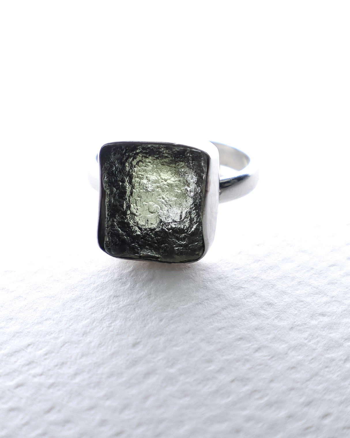Genuine Czech Moldavite Sterling Silver Ring – Natural Square Gem | Size 9 | 4.42g
