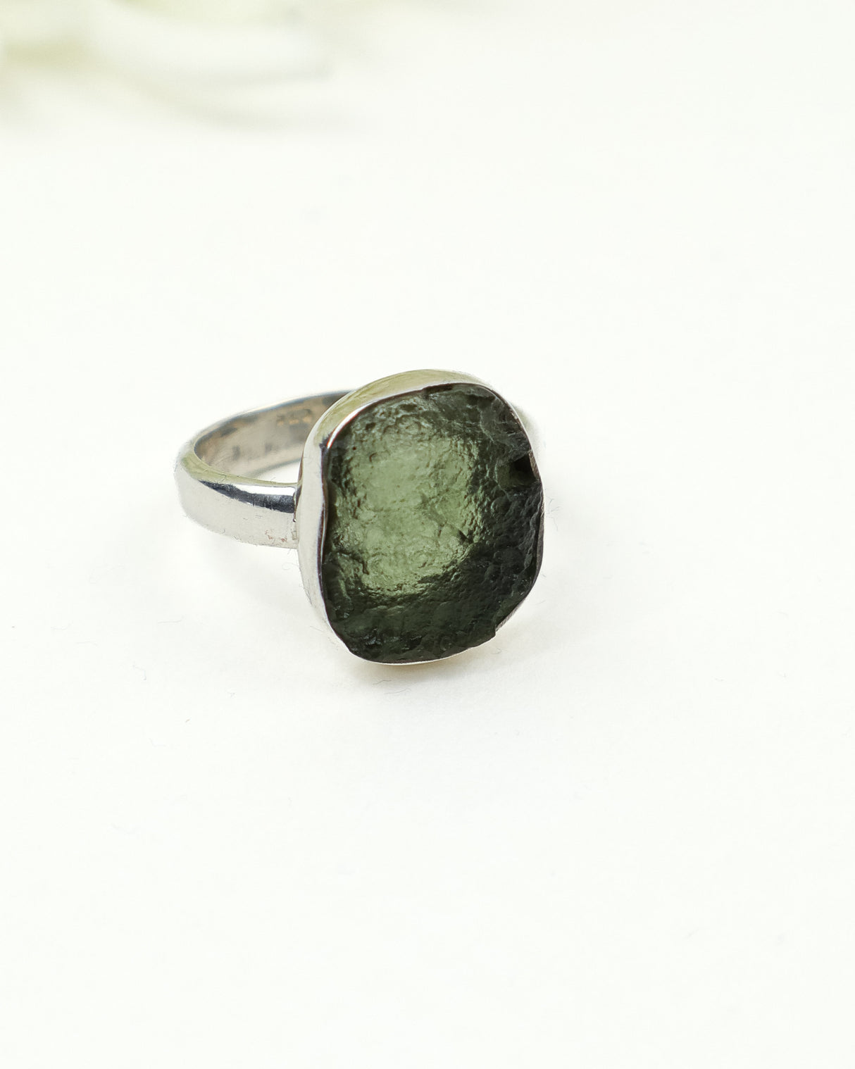 Genuine Czech Moldavite sterling silver ring with natural raw Moldavite gemstone in a handcrafted bezel setting, Size 5.