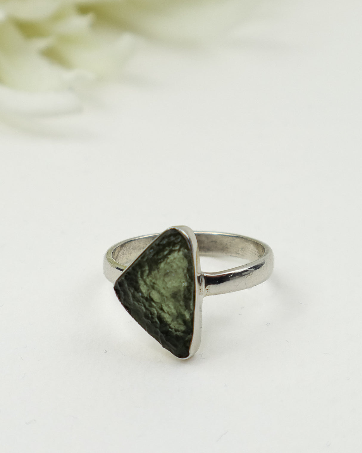 Raw Moldavite Sterling Silver Ring – Triangle Freeform | Size 9