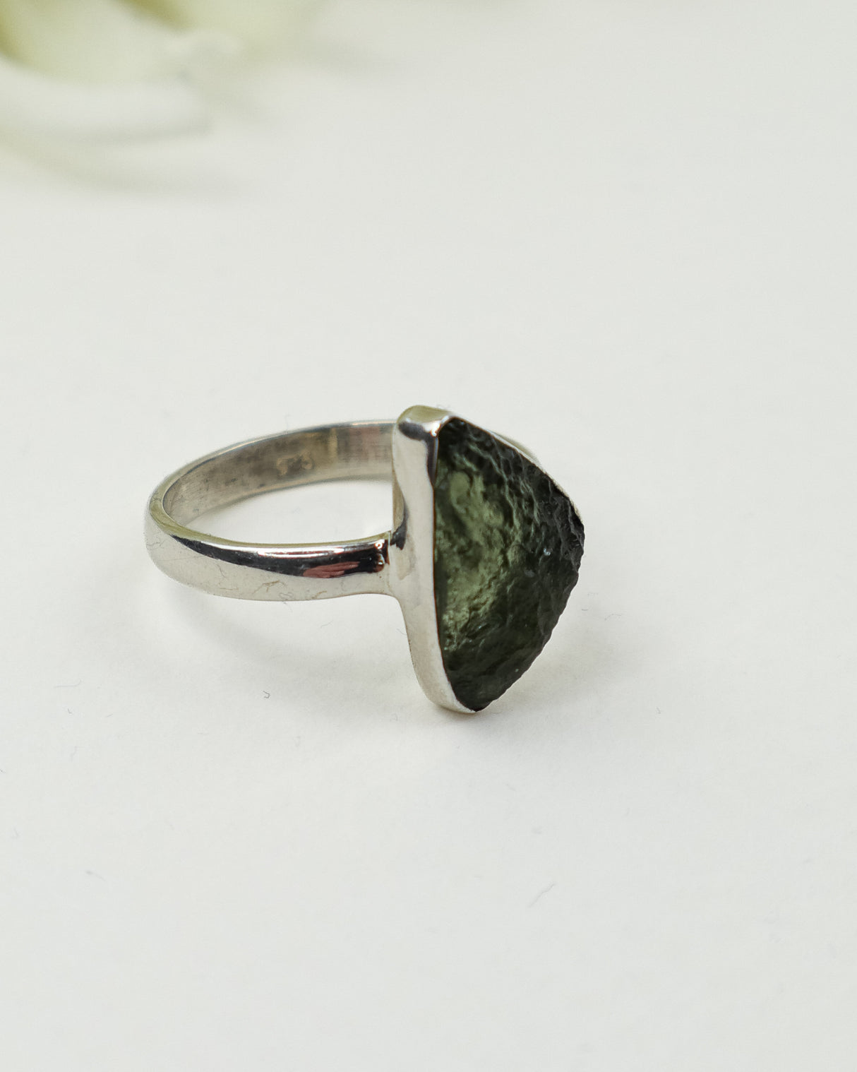 Raw Moldavite Sterling Silver Ring – Triangle Freeform | Size 9
