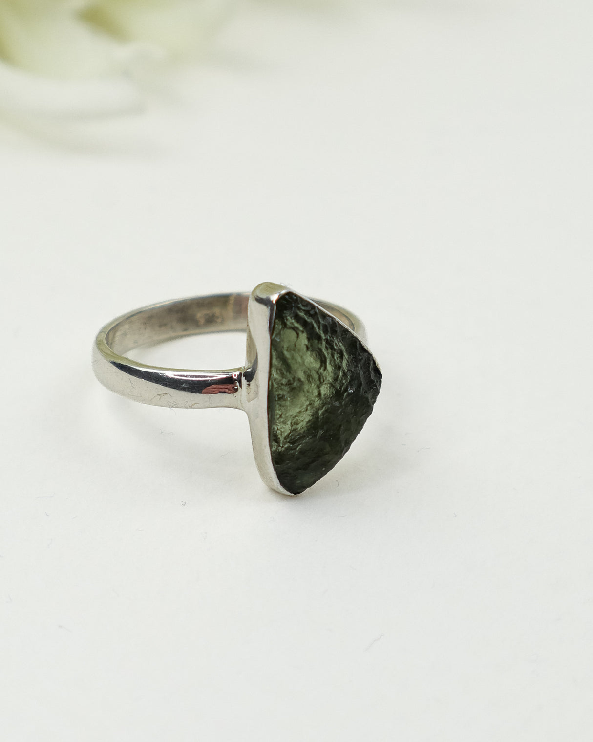 Raw Moldavite Sterling Silver Ring – Triangle Freeform | Size 9