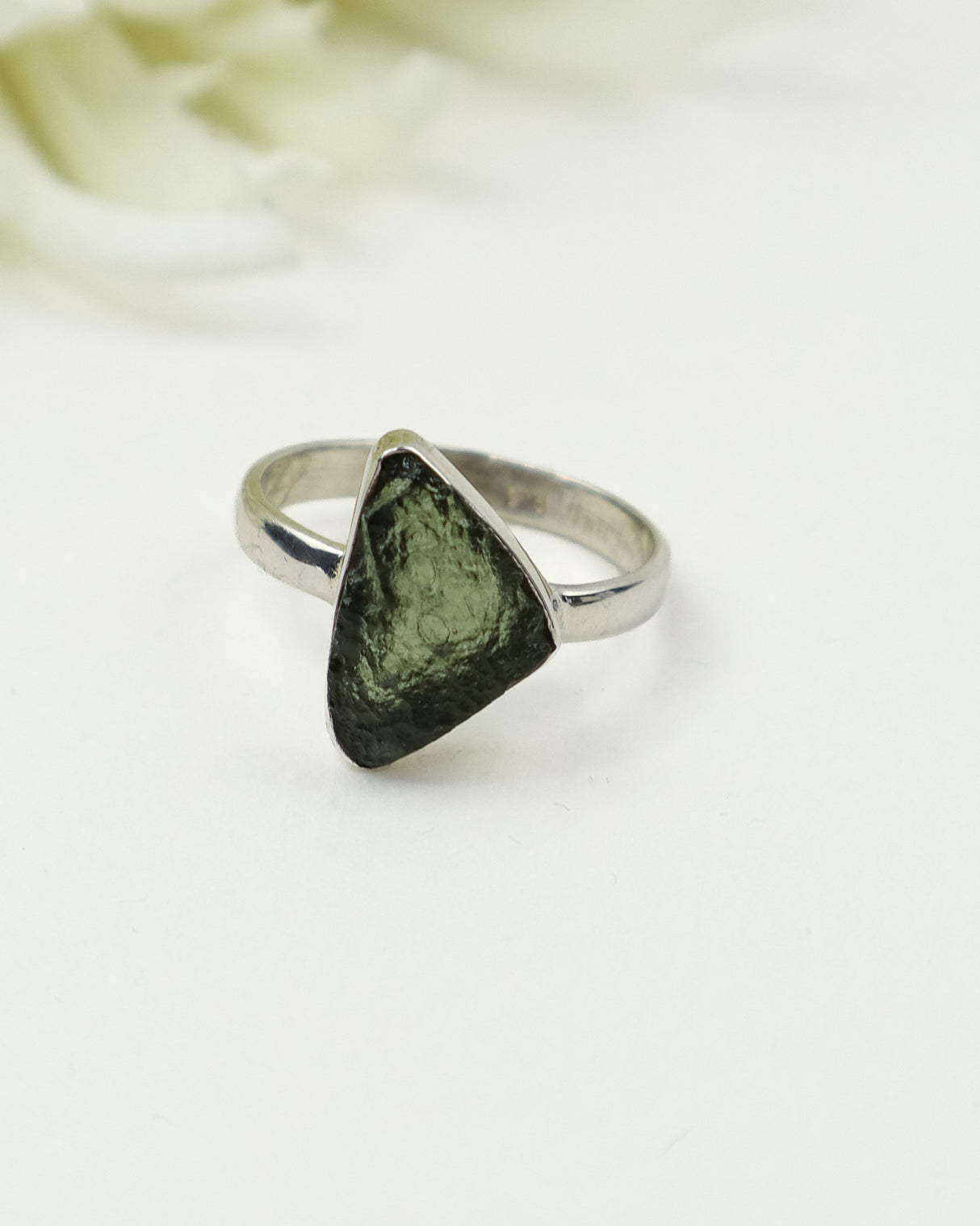 Raw Moldavite Sterling Silver Ring – Triangle Freeform | Size 9