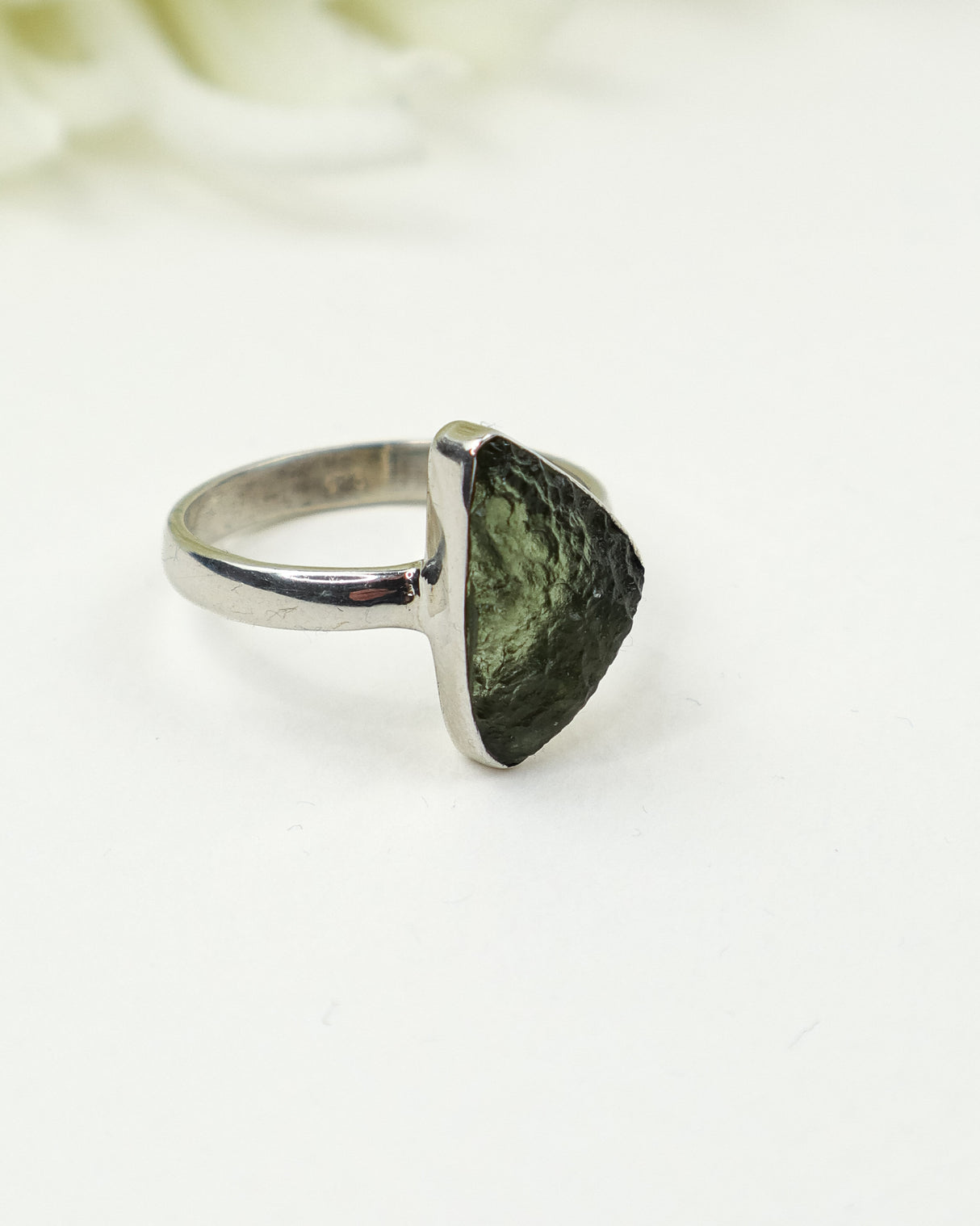 Raw Moldavite Sterling Silver Ring – Triangle Freeform | Size 9