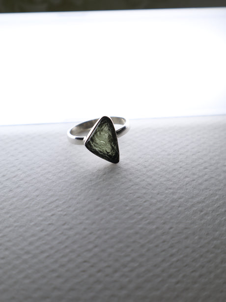 Raw Moldavite Sterling Silver Ring – Triangle Freeform | Size 9