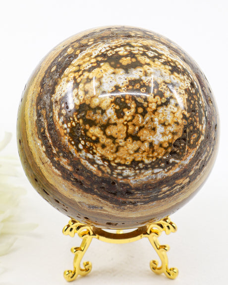Large Natural Ocean Jasper Sphere 966g polished crystal sphere with earthy brown orbicular patterns for emotional healing, grounding, meditation and home décor.