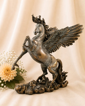 Cold Cast Bronze Pegasus Statue depicting the legendary winged horse rearing with outstretched wings, symbolising inspiration, freedom and spiritual ascension, measuring 28cm tall.