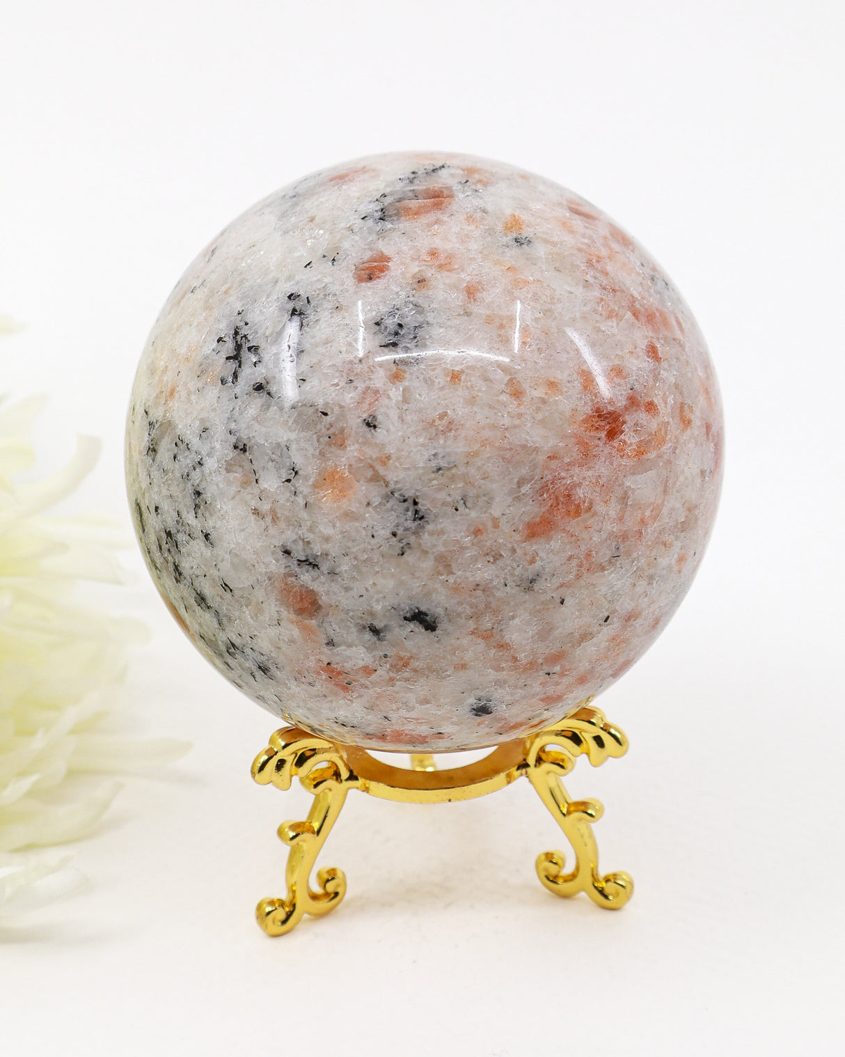 Natural Sunstone Sphere with Black Tourmaline Inclusions 699g 8.5cm polished crystal sphere for joy, protection, grounding, confidence and manifestation.