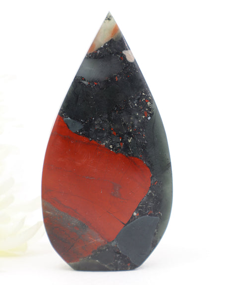 Crimson Guardian African Bloodstone Freeform crystal 147g featuring vibrant crimson red patterns within deep green and black natural stone.
