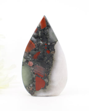 Mistwalker African Bloodstone Freeform crystal 93g featuring crimson Bloodstone fragments within soft white, grey and charcoal natural formations.
