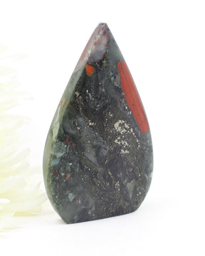 Stormforge African Bloodstone Freeform crystal 123g featuring deep green stone, crimson Bloodstone formations and natural sparkling mineral inclusions.