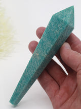 Natural Amazonite crystal wand 180g 16cm with turquoise blue-green and white feldspar patterning, polished point and gold display stand.