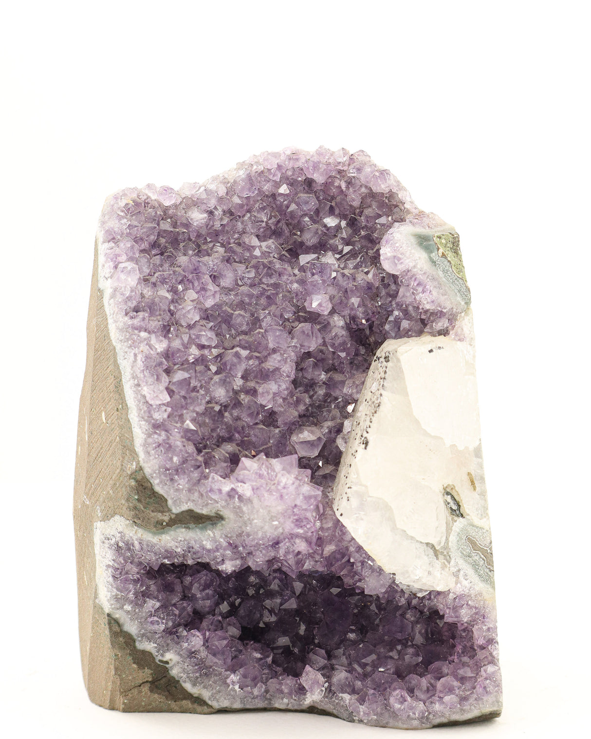 Large 2.285kg Amethyst Cluster with natural Calcite formation featuring sparkling purple crystal points and stunning geological patterns.