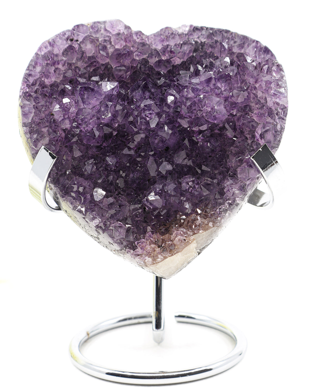 Natural Amethyst Crystal Heart with deep purple druzy crystal formations displayed on a metal stand associated with love, emotional healing, inner peace and spiritual wisdom.