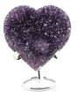 Deep purple Amethyst Crystal Heart with sparkling druzy crystal formations displayed on a metal stand associated with spiritual wisdom, emotional healing and unconditional love.