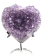 Lavender Amethyst Crystal Heart with sparkling druzy crystal formations displayed on a metal stand associated with peace, emotional healing and spiritual wisdom.