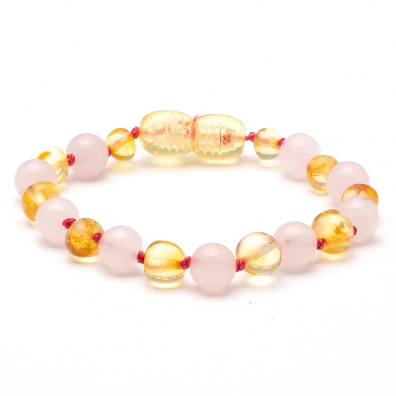 Baroque Baltic Amber and Rose Quartz Baby Teething Bracelet - 14cm 5.5inch