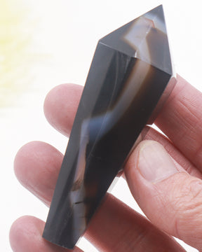 Black Agate crystal wand 75g 9cm with natural black, smoky grey and brown banding, polished faceted protection and grounding crystal point.