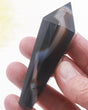 Black Agate crystal wand 75g 9cm with natural black, smoky grey and brown banding, polished faceted protection and grounding crystal point.