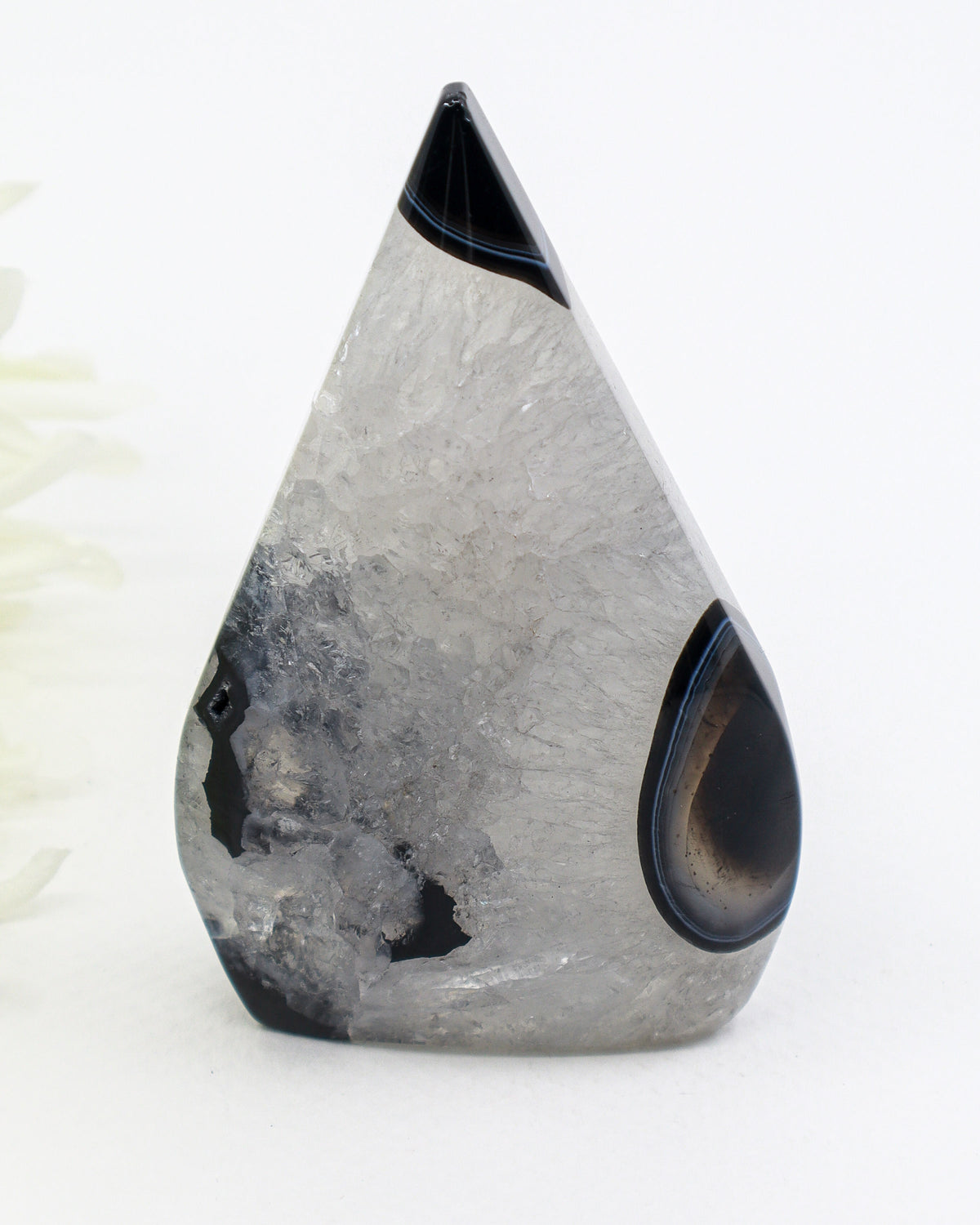 Black Banded Agate Flame 169g with glossy black banding, smoky grey Agate and icy white crystalline centre, polished 9cm protection crystal.