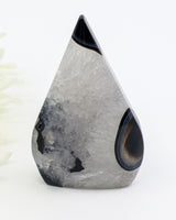 Black Banded Agate Flame 169g with glossy black banding, smoky grey Agate and icy white crystalline centre, polished 9cm protection crystal.