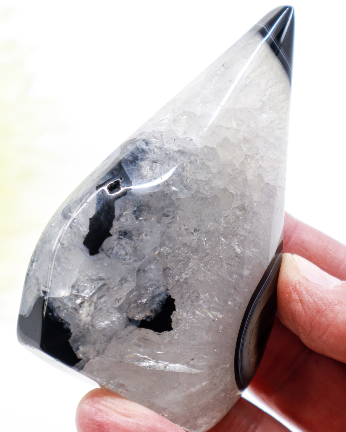 Black Banded Agate Flame 169g with glossy black banding, smoky grey Agate and icy white crystalline centre, polished 9cm protection crystal.