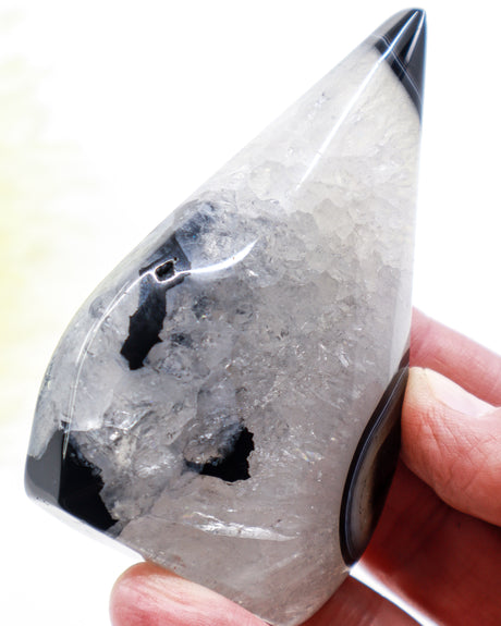 Black Banded Agate Flame 169g with glossy black banding, smoky grey Agate and icy white crystalline centre, polished 9cm protection crystal.