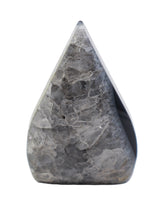 Black Banded Agate Flame 115g with glossy black Agate and smoky grey crystalline formations, polished 8cm protection and grounding crystal.