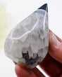 Black Banded Agate Flame 99g with black tip and translucent white grey crystalline formations, polished 8cm grounding and protection crystal.