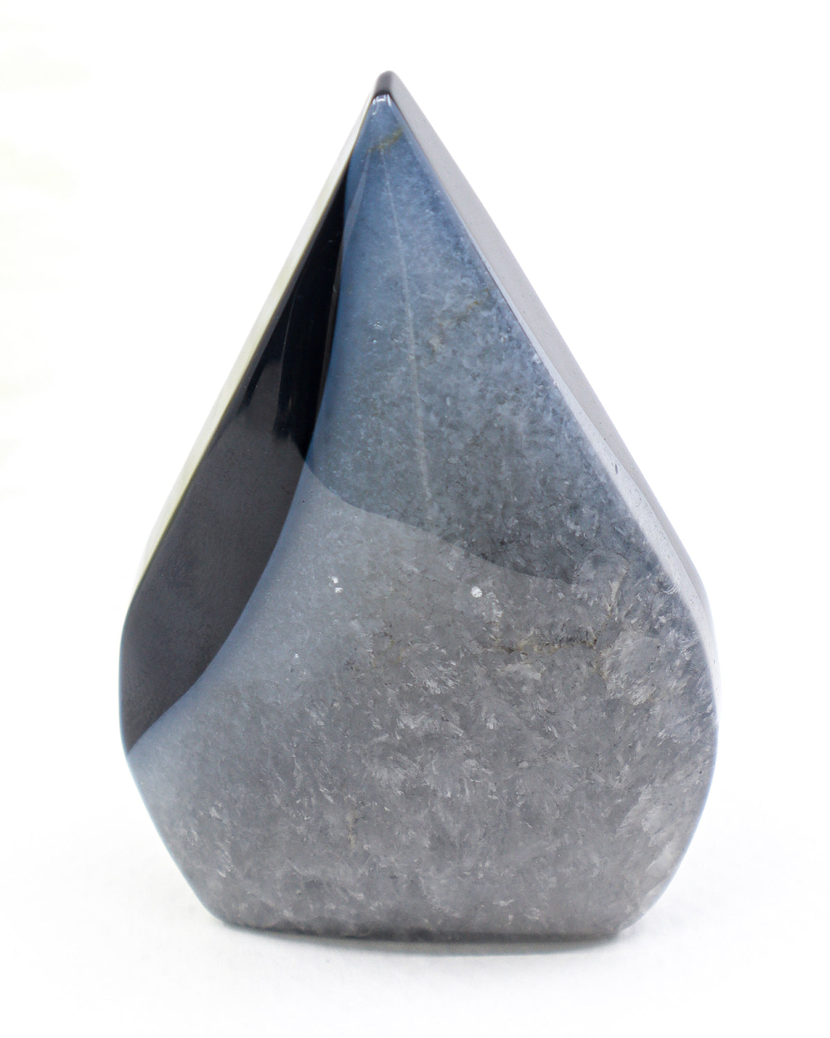 Black Banded Agate Flame 123g with glossy midnight black Agate and smoky grey crystalline formations, polished 8.4cm protection crystal.