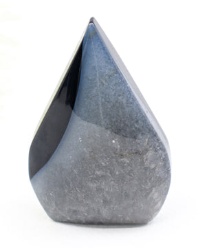 Black Banded Agate Flame 123g with glossy midnight black Agate and smoky grey crystalline formations, polished 8.4cm protection crystal.