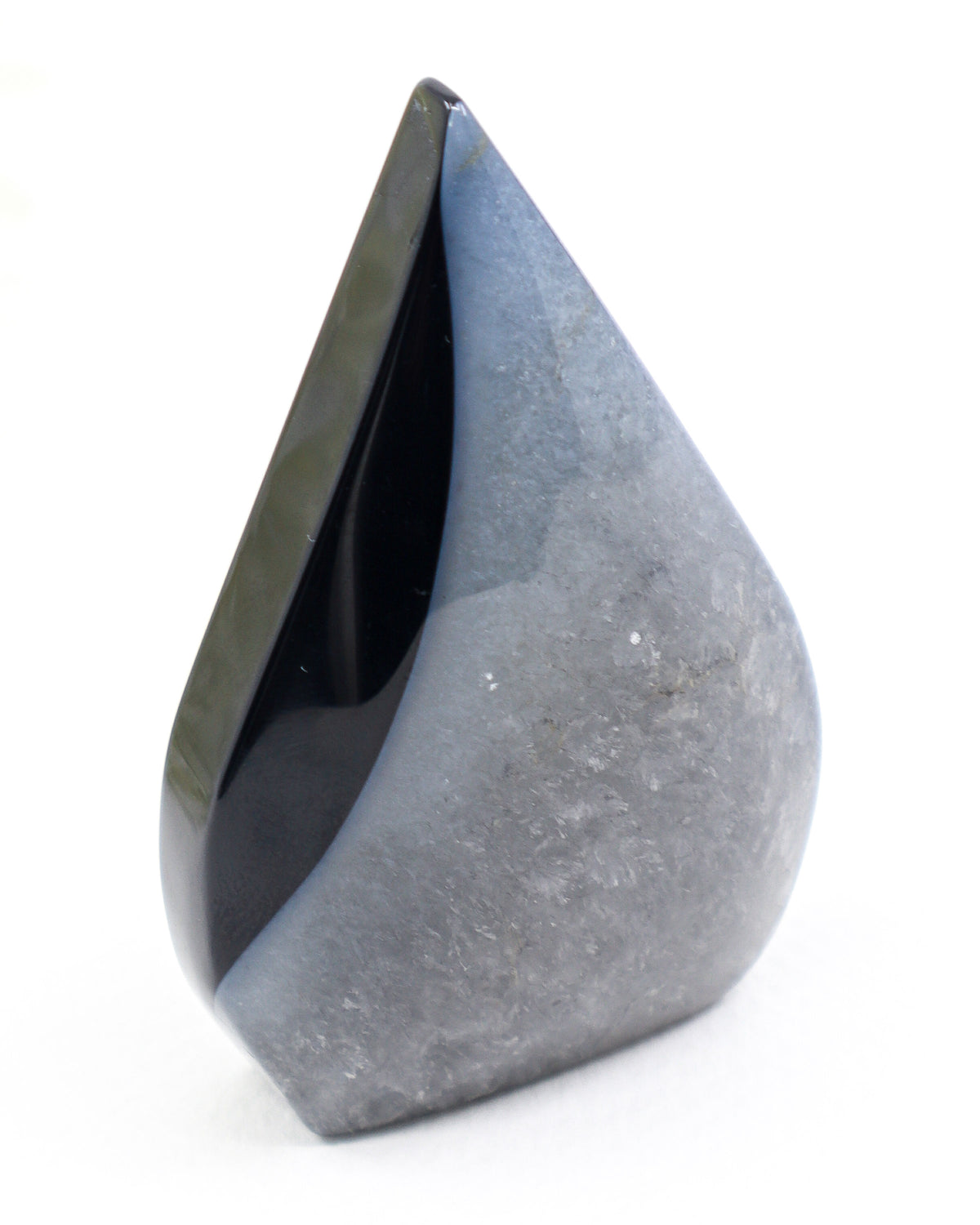 Black Banded Agate Flame 123g with glossy midnight black Agate and smoky grey crystalline formations, polished 8.4cm protection crystal.