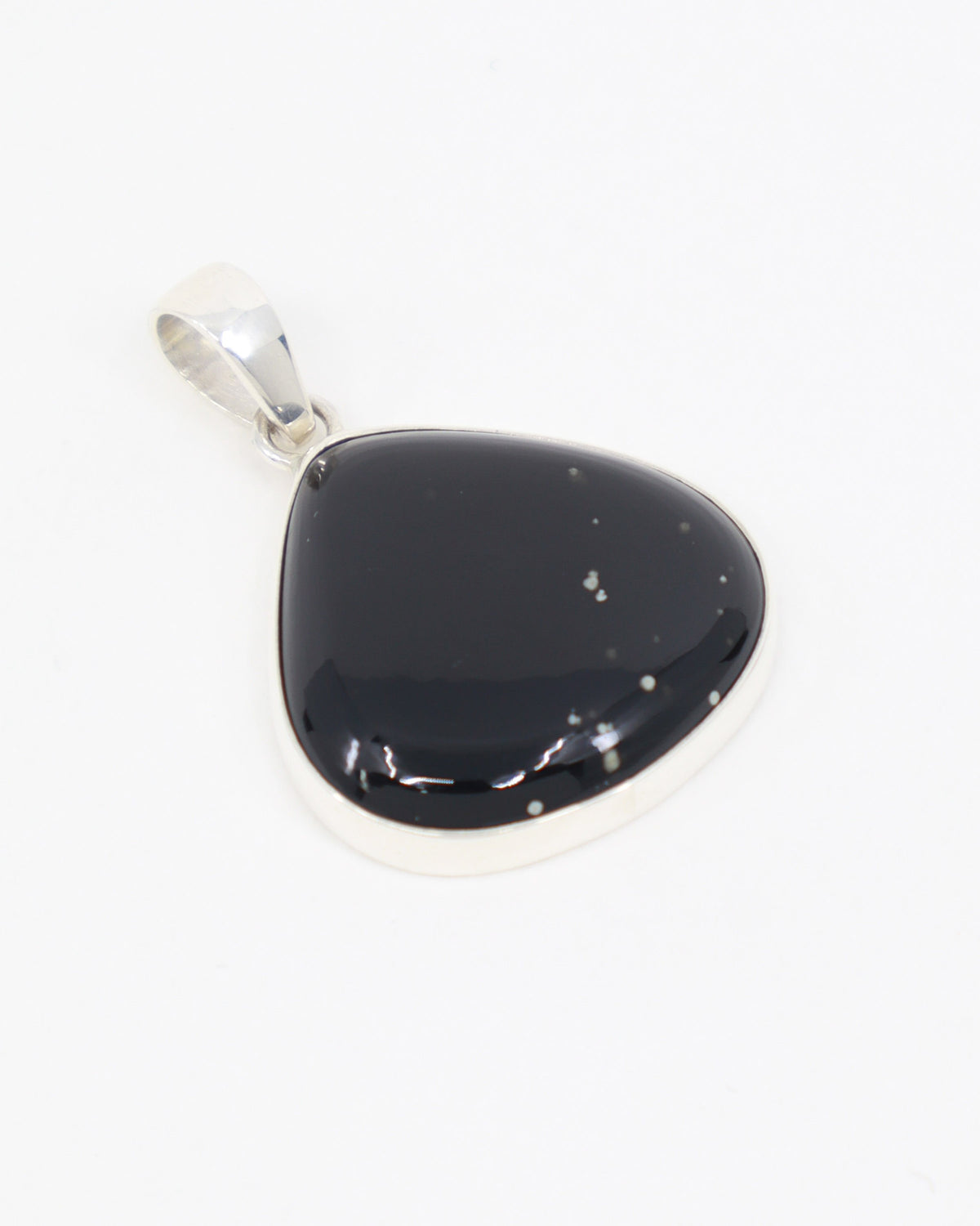 Natural Black Obsidian sterling silver pendant with glossy black polished stone in rounded triangular shape set in .925 silver.