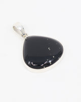 Natural Black Obsidian sterling silver pendant with glossy black polished stone in rounded triangular shape set in .925 silver.