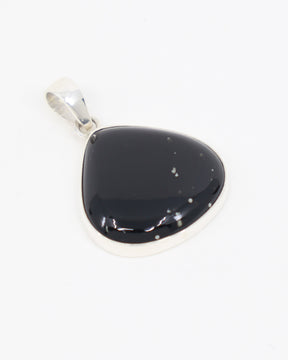 Natural Black Obsidian sterling silver pendant with glossy black polished stone in rounded triangular shape set in .925 silver.