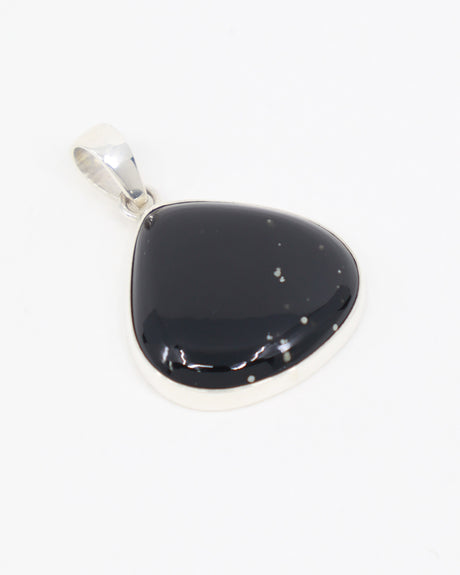 Natural Black Obsidian sterling silver pendant with glossy black polished stone in rounded triangular shape set in .925 silver.